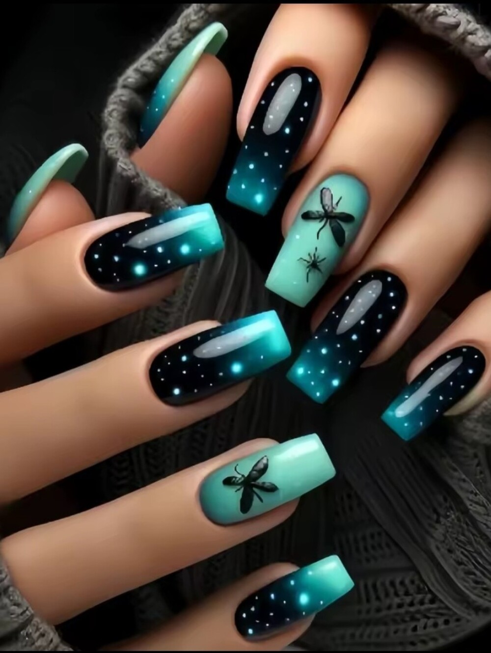 Teal Ombre Starry Night Press-On Nails with Dragonfly Accent